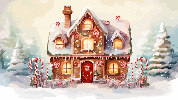 Watercolor Festive Christmas Gingerbread House Vector Illustration