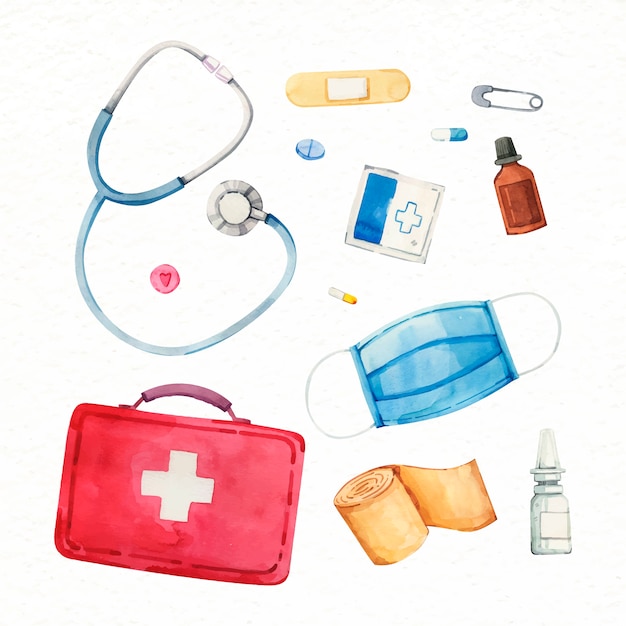 Vector watercolor first aid kit collection element