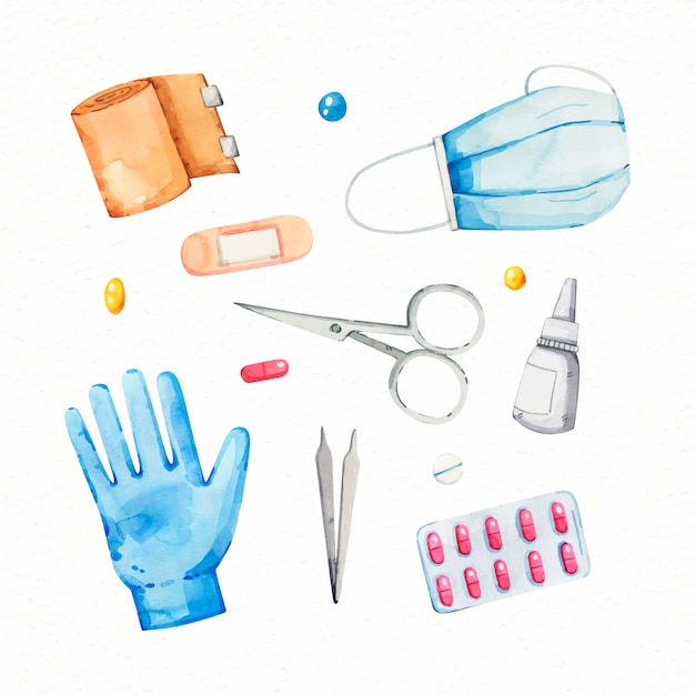 Vector watercolor first aid kit collection element