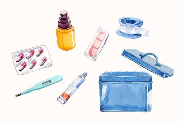 Vector watercolor first aid kit elements