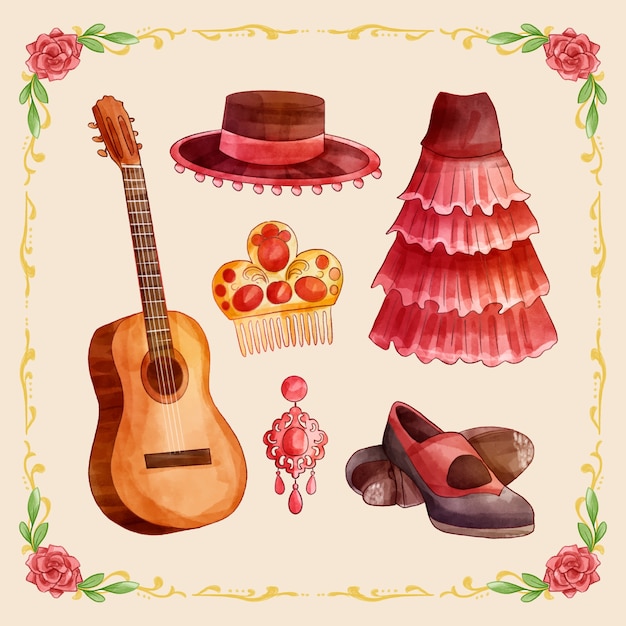watercolor flamenco dance element collection