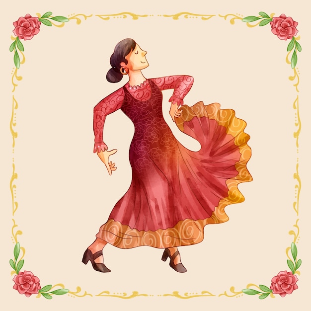 Watercolor flamenco woman illustration