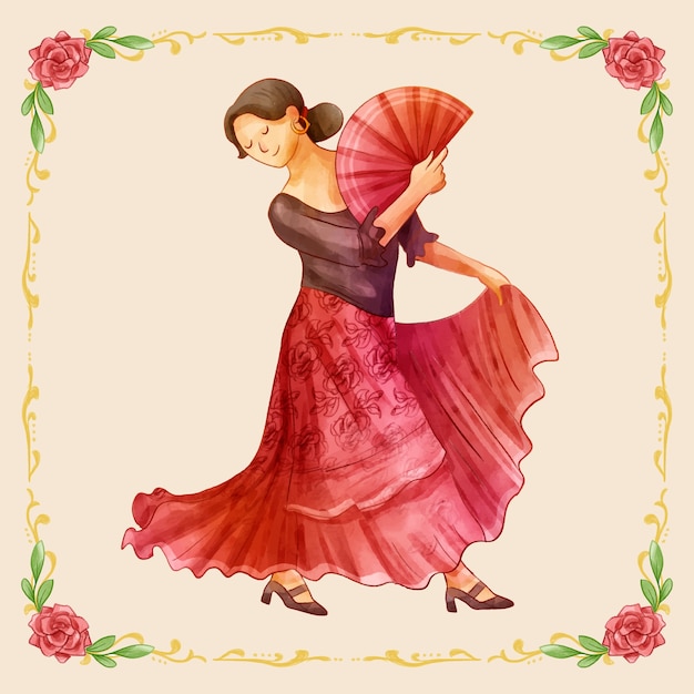 Watercolor flamenco woman illustration