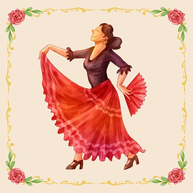 Watercolor flamenco woman illustration