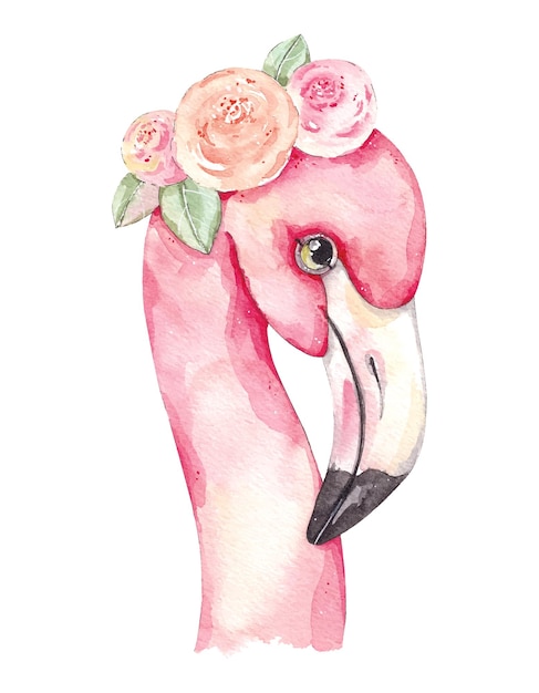 Акварельный фламинго с цветами на белом фоне