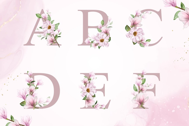 Watercolor floral alphabet set of a, b, c, d, e, f with hand drawn Flower and Leaves