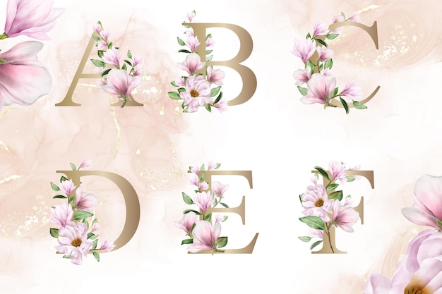 Watercolor floral alphabet set of a, b, c, d, e, f with hand drawn flower and leaves