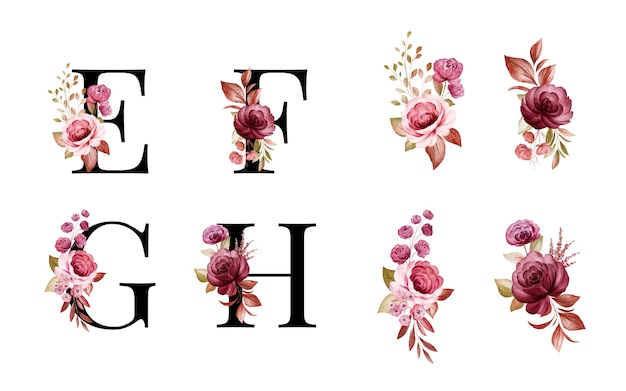 Vetor de Watercolor floral alphabet set of U, V, W, X with red and brown  flowers and leaves. Flowers composition for logo, cards, branding, etc do  Stock