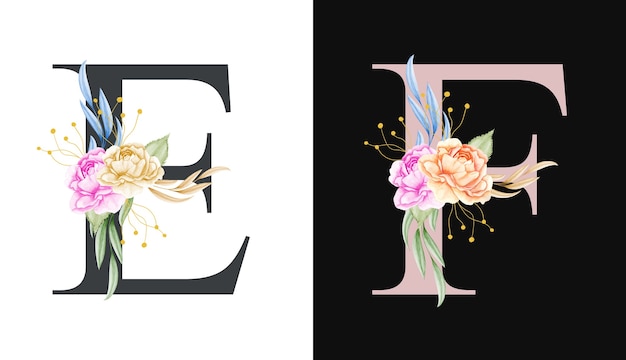 Watercolor floral alphabet set of e, f  with beautiful flowers and leaves