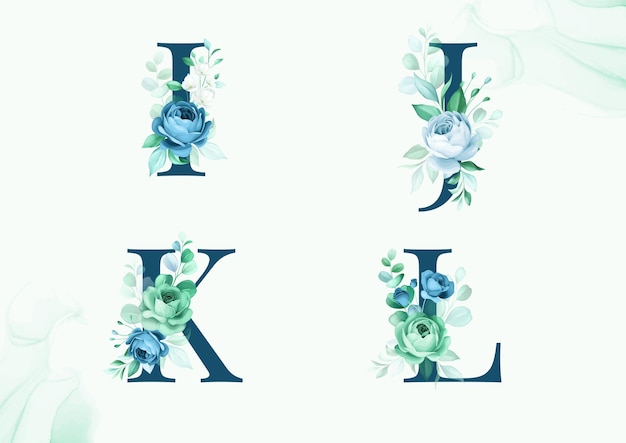 Watercolor floral alphabet set of I, J, K, L with flowers and leaves