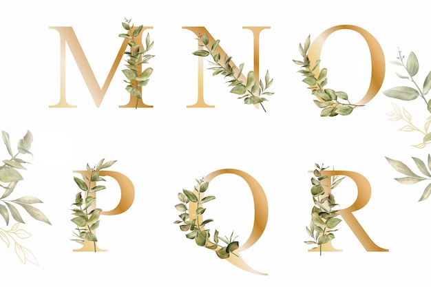 Watercolor floral alphabet set of m n o p q r with hand drawn Foliage