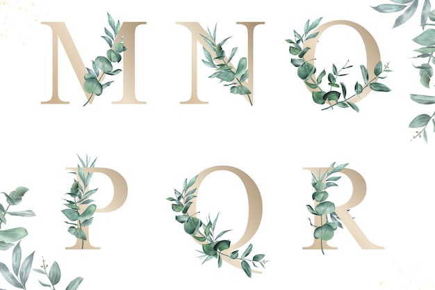 手描きの葉とmnopqrの水彩花アルファベットセット