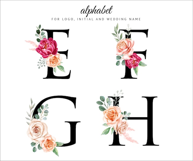 Watercolor floral alphabet set with flowers and leaves