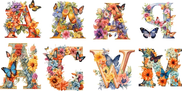 Vettore alfabeto floreale dell'acquerello illustrazione dei fiori tropicali alfabeto floreale realistico