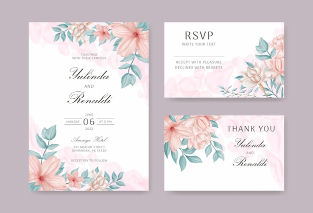 수채화 꽃과 잎 결혼식 초대 카드 세트