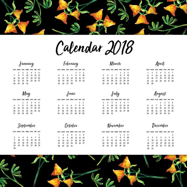 Watercolor Floral Annual Calendar 2018