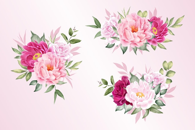 手描きの花と葉の水彩画のフラワーアレンジメントコレクション