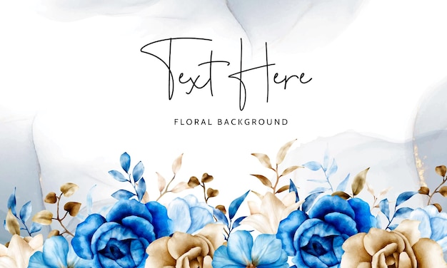 Watercolor floral background template with blue and brown flower and leaves