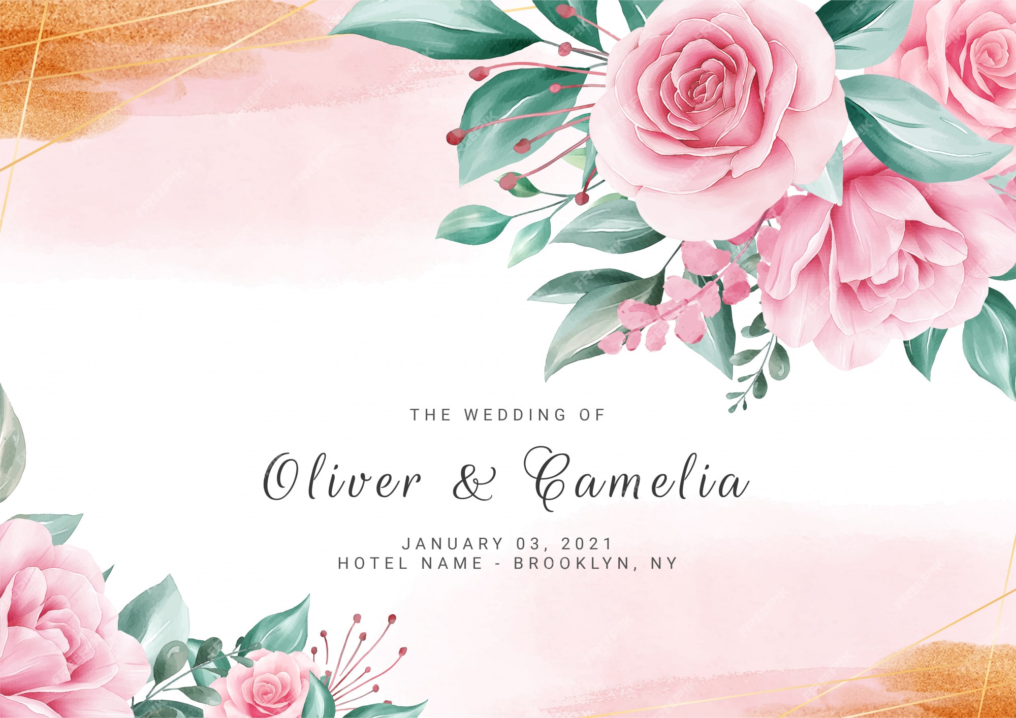 Premium Vector | Watercolor floral background for wedding invitation card  template with flowers and gold splash