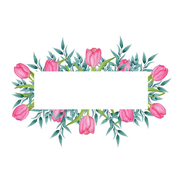 Watercolor floral banner with pink tulips and eucalyptus branches. Watercolor botanical illustration