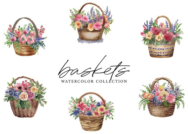 Watercolor floral basket on white background