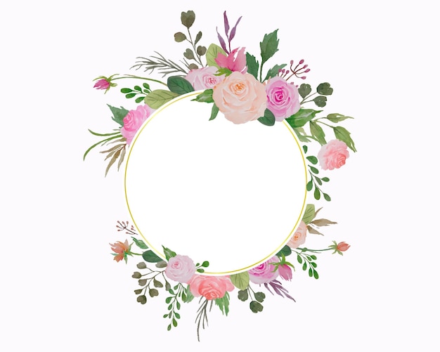 Акварельная цветочная рамка, цветочная рамка с розами и зелеными листьями
