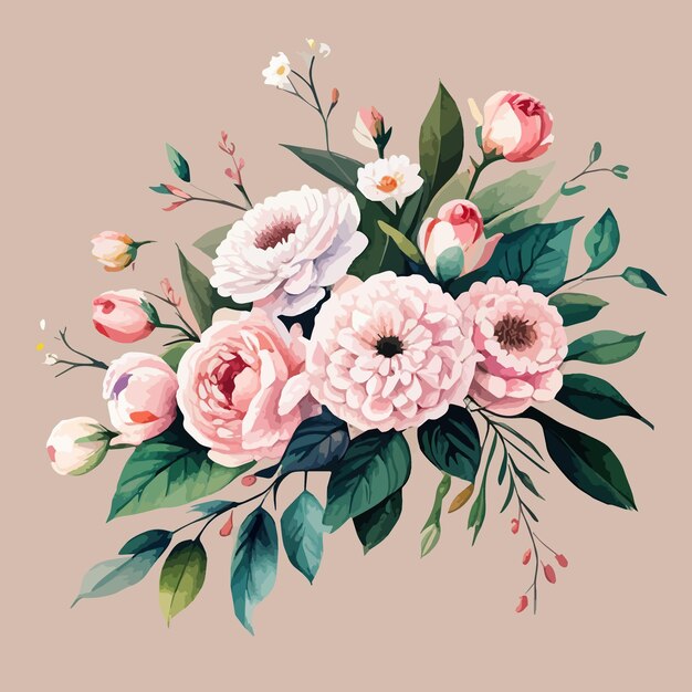 Watercolor floral bouquet blush pink roses flower green leaf leaves branches bouquets collection