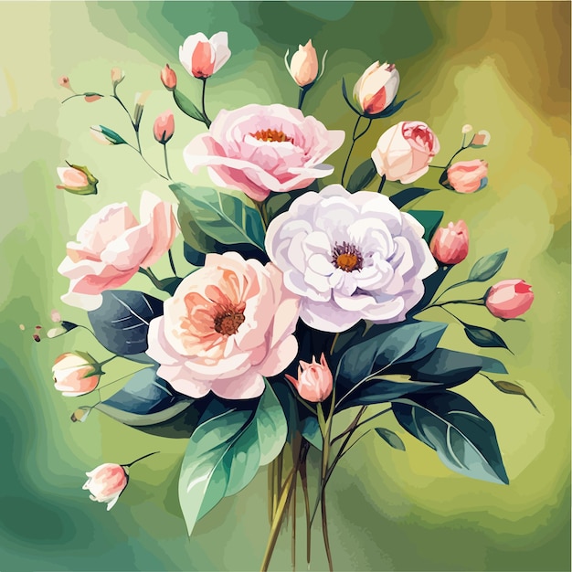 Watercolor floral bouquet blush pink roses flower green leaf leaves branches bouquets collection