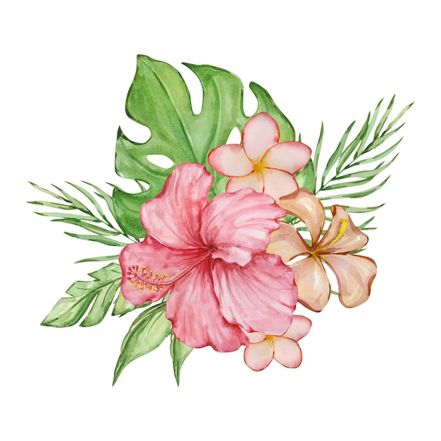 Watercolor floral bouquet of bright tropical leaves and flowers