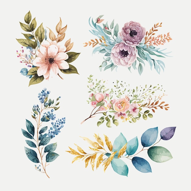 Vector watercolor floral bouquet illustration set blush pink blue yellow flower green leaf leaves branches