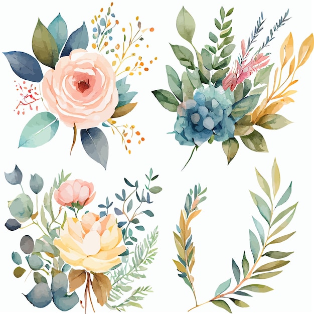 Watercolor floral bouquet illustration set Decorative elements template Flat cartoon illustration isolated on white background