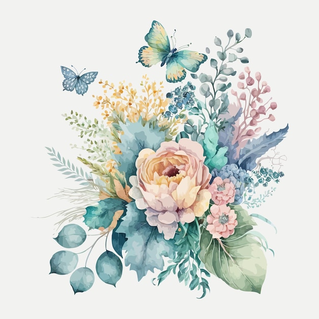 Watercolor floral bouquet illustration with butterfly blush pink blue yellow vivid flowers Decorative elements template Flat cartoon illustration isolated on white background