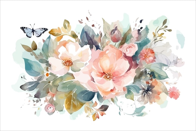 Watercolor floral bouquet illustration with butterfly blush pink blue yellow vivid flowers green leave Decorative flower elements template Flat cartoon illustration isolated on white background