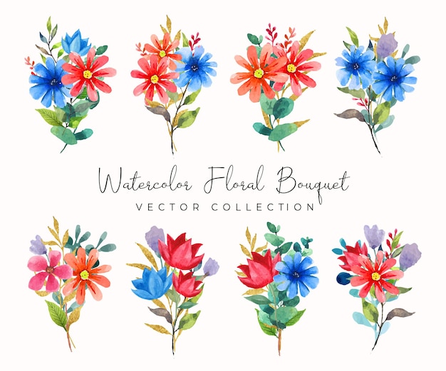 Watercolor floral bouquet of red and blue flowers vector collection