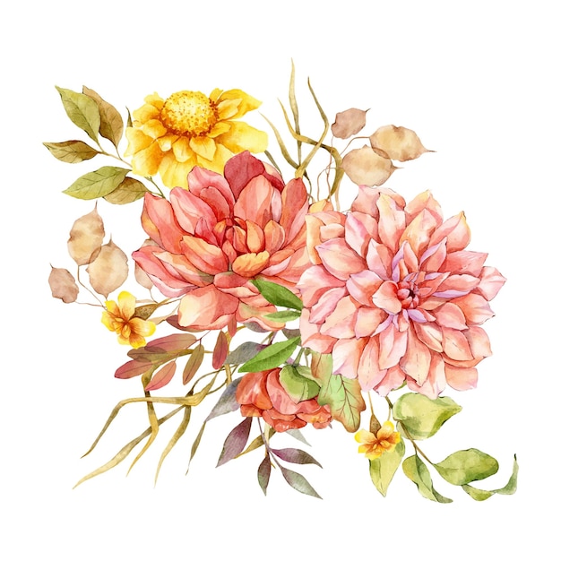 Watercolor Floral Bouquet  with Chrysanthemum and greenery