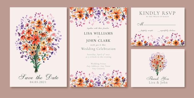 Watercolor Floral Bouquet with Orange and Purple Blossoms Wedding Invitation Card