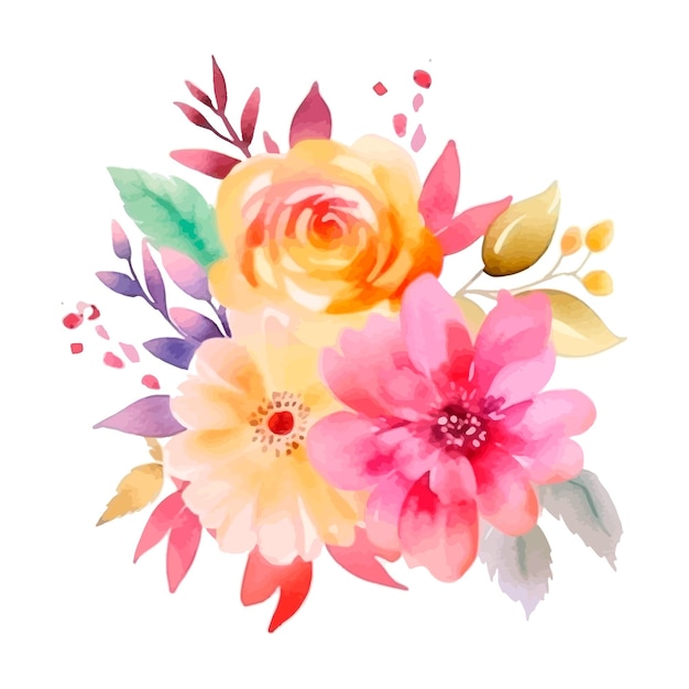 A watercolor floral bouquet with pink and yellow flowers.