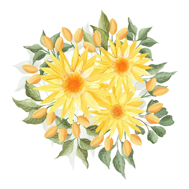 Vector watercolor floral bouquet with yellow spring flowers and leaves