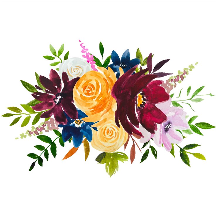 Vector watercolor floral bouquet yellow burgundy blue roses