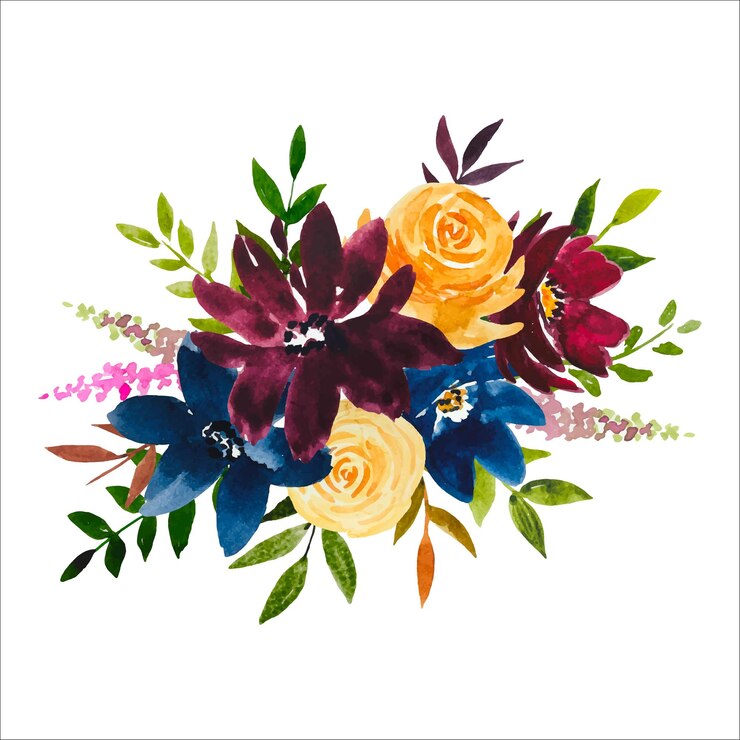 Vector watercolor floral bouquet yellow burgundy blue roses