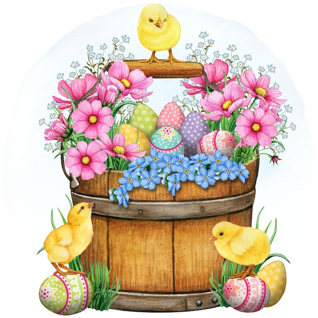 Watercolor floral bucket with chickens and eggs