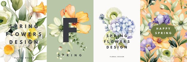 Акварель цветочные карты шаблоны дизайна с летними яркими дикими цветами и листьями
