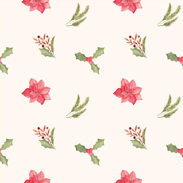 Watercolor floral Christmas seamless pattern.