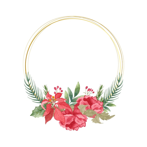 Watercolor floral christmas wreath with golden frame