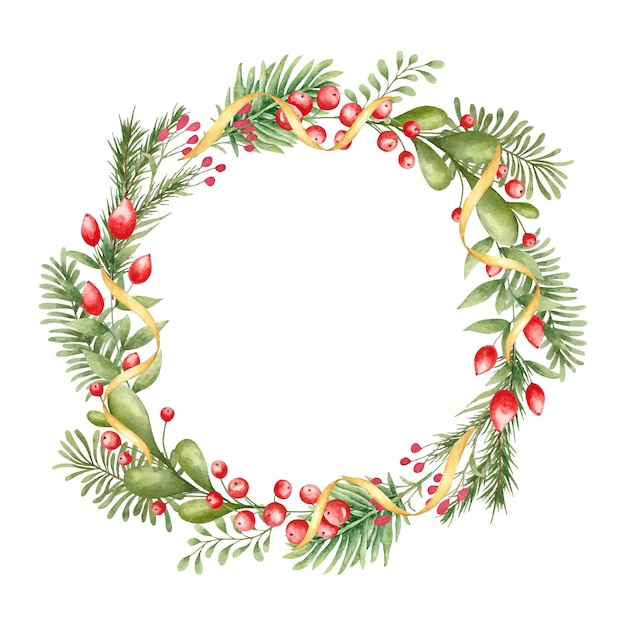 Watercolor floral christmas wreath with golden frame