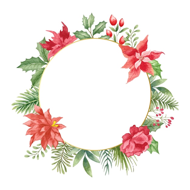 Watercolor floral christmas wreath with golden frame