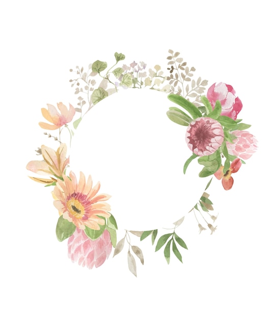 Vector a watercolor floral circle frame with a pink flower.