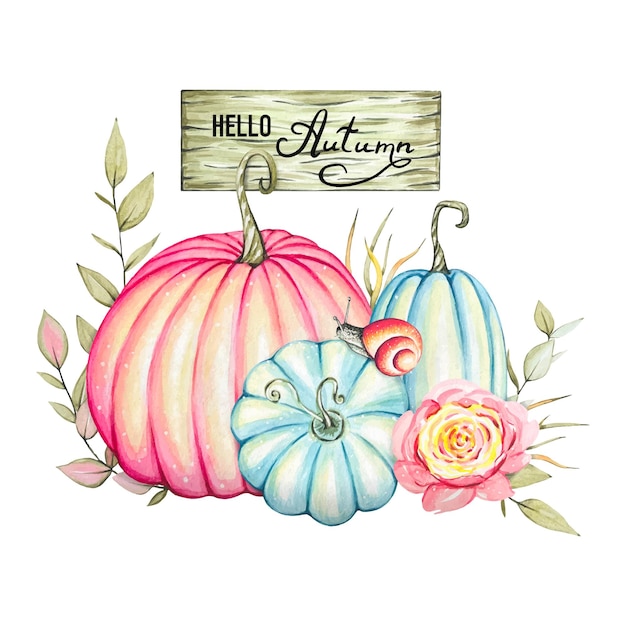 Watercolor floral composition Hand painted pumpkins