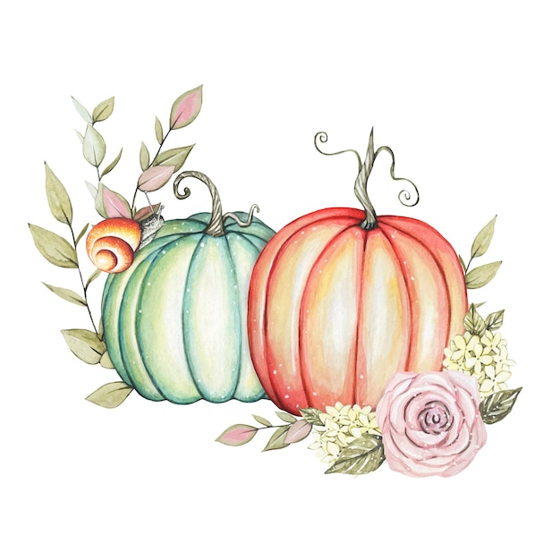 Watercolor floral composition Hand painted pumpkins