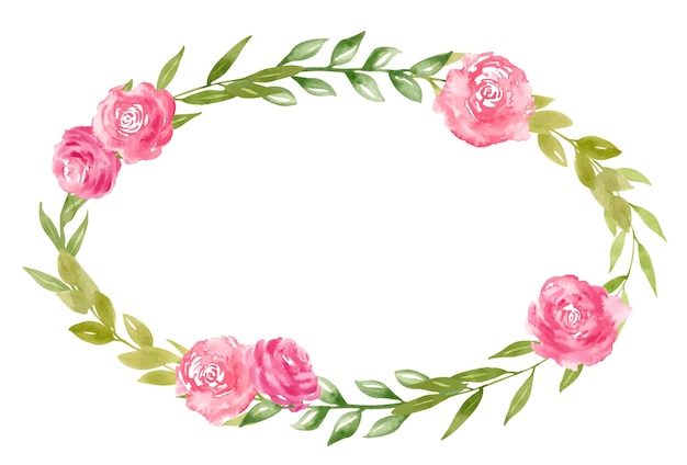 Watercolor Floral elliptical Wreath with pink abstract Rose Flowers and green branches with leaves Hand drawn illustration for wedding invitations or greeting cards Botanical isolated Frame